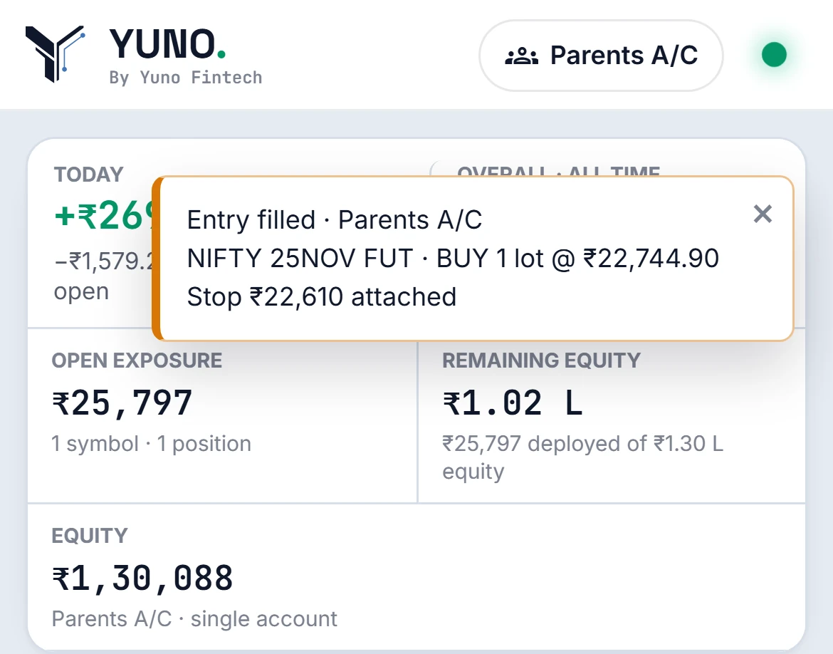 Sample data: the read-only client view of one account on a phone, with an alert saying the entry filled and the stop was attached